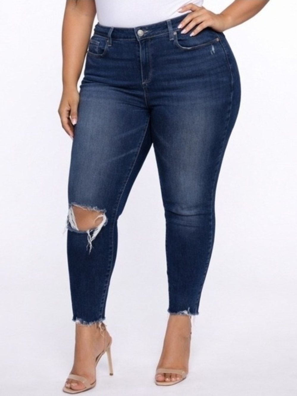 NWT PAIGE Verdugo Ankle Queenie Destructed Dark Wash High Rise Womens 34